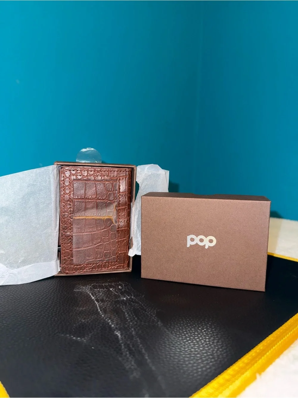 Leather Card Holder Wallet - Brown and Turquoise